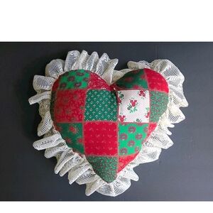 Vintage Patchwork Christmas Heart Pillow/Couch Cushion With Lace